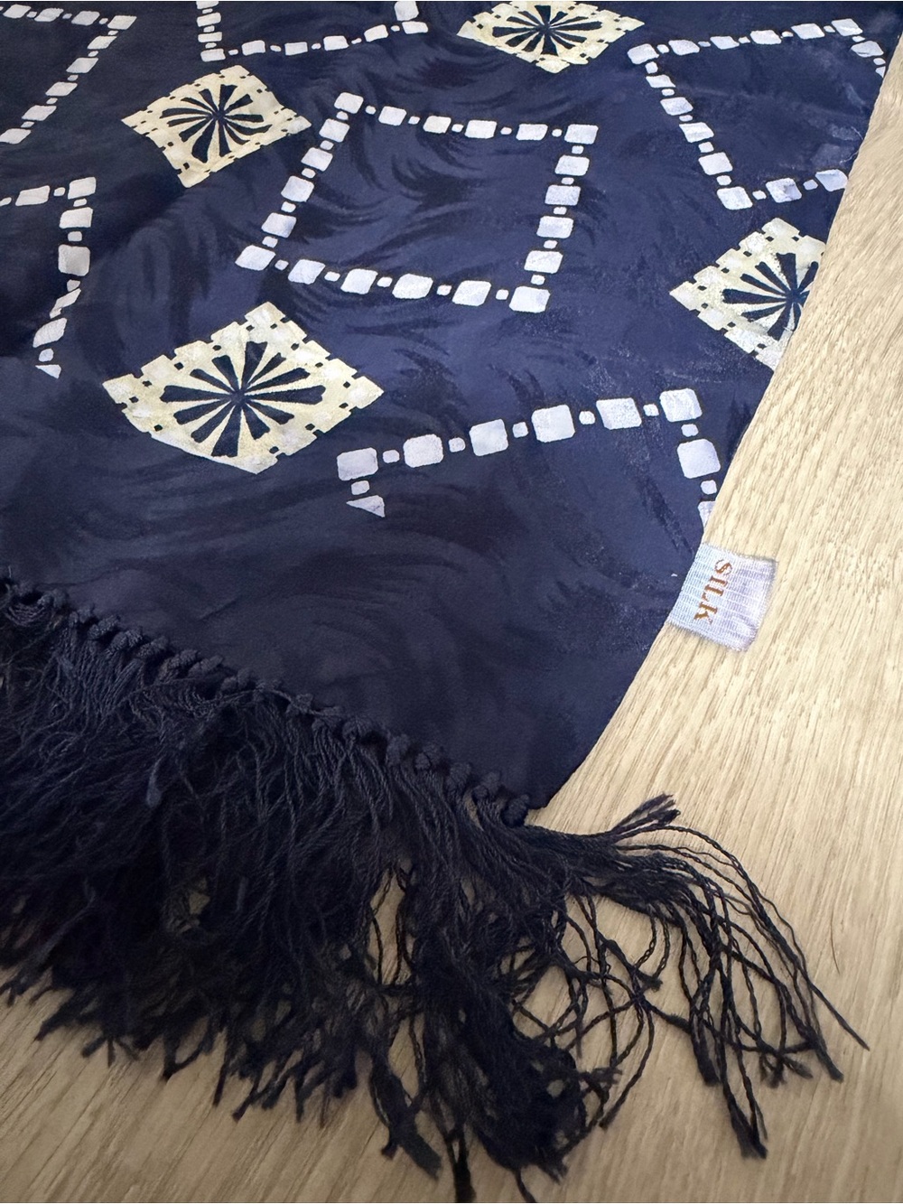 Vtg Mid Century Scarf by Cisco 100% Silk Navy Blue Geometric Opera Fringe 51x14